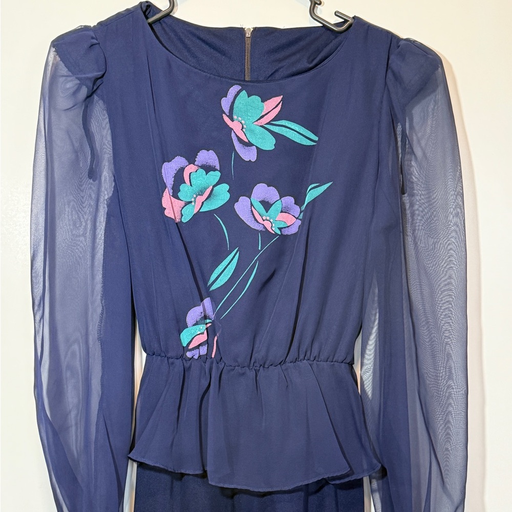 Vintage 80s Sears Deadstock Blue Floral Peplum A-line Long Sleeve Dress